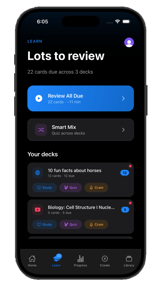 Learn tab with Smart Mix and due cards