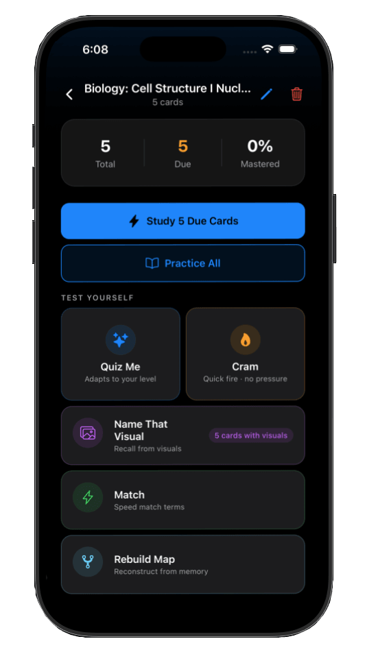 Deck detail with study and quiz modes