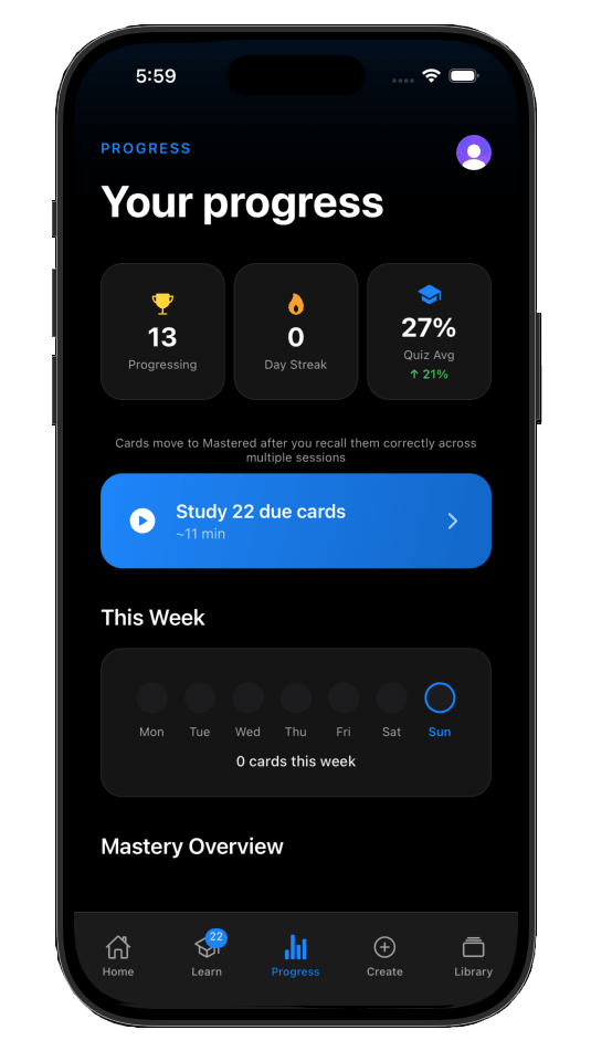 Progress tracking with streaks and mastery stats